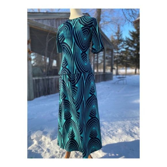 Vintage 60s Skirt Set Stretch A-Line Green Black - Picture 14 of 14